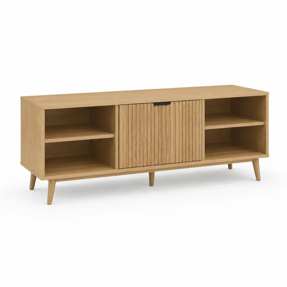 TV Lowboard 150 x 40 x 50 cm Holzwerkstoff Eichefarben mit Lamellentür und offenen Fächern