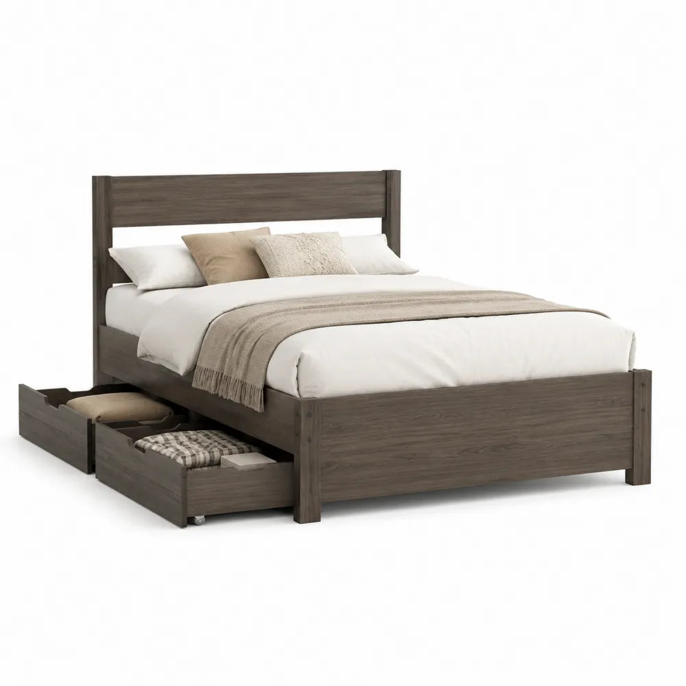 Stauraumbett Bettgestell rechteckig Holzwerkstoff Dunkelbraun Holzoptik 160 cm x 200 cm mit 2 Ausziehschubladen Kopfteil Holzlamellen Design