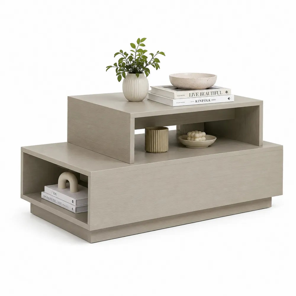 Rechteckiger Couchtisch 100 cm x 60 cm x 45 cm MDF Beige Holzoptik mit Ablagefächern und erhöhtem Aufsatz