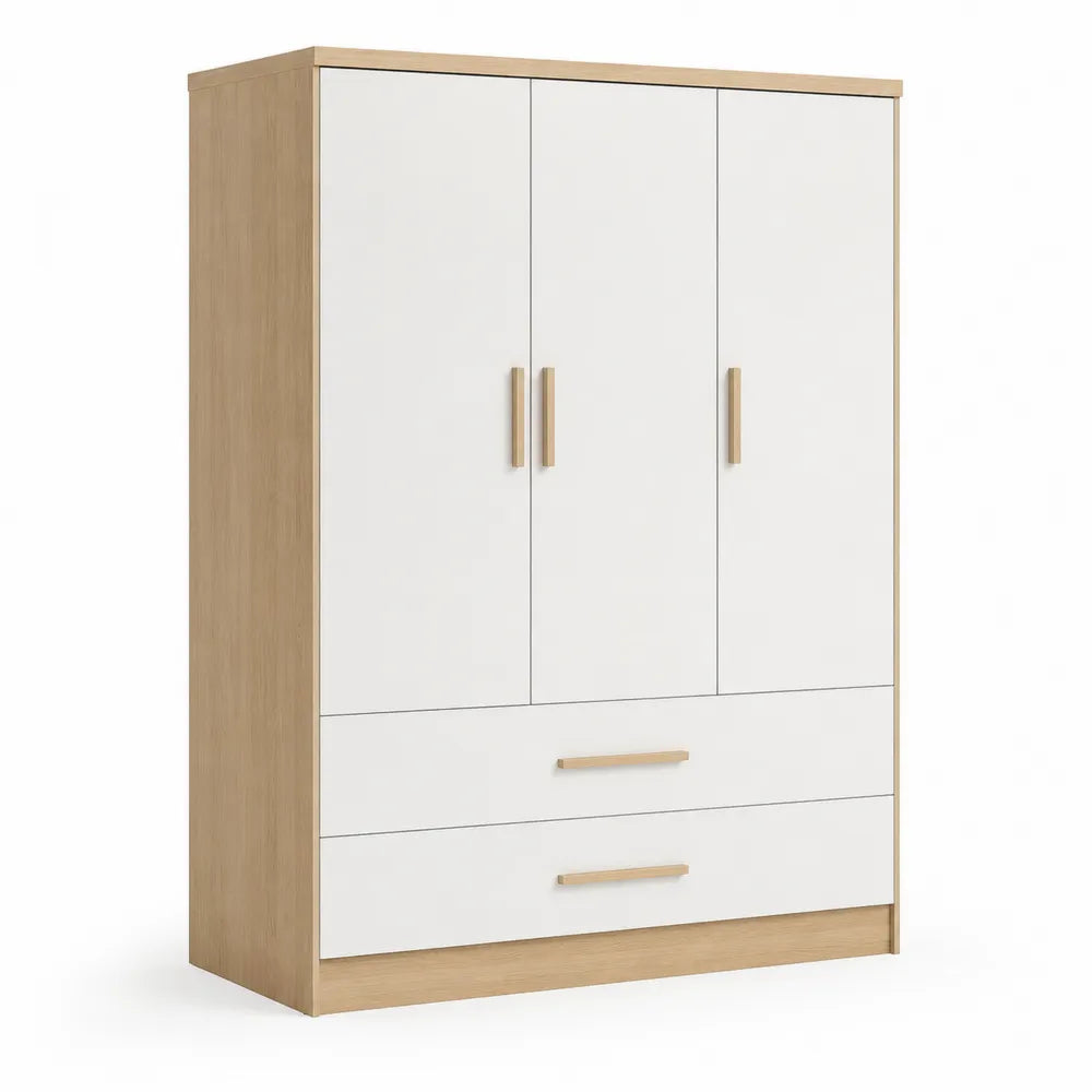Kleiderschrank 140 x 55 x 200 cm rechteckig Weiß Naturholz Holzwerkstoff mit 3 Türen und 2 Schubladen