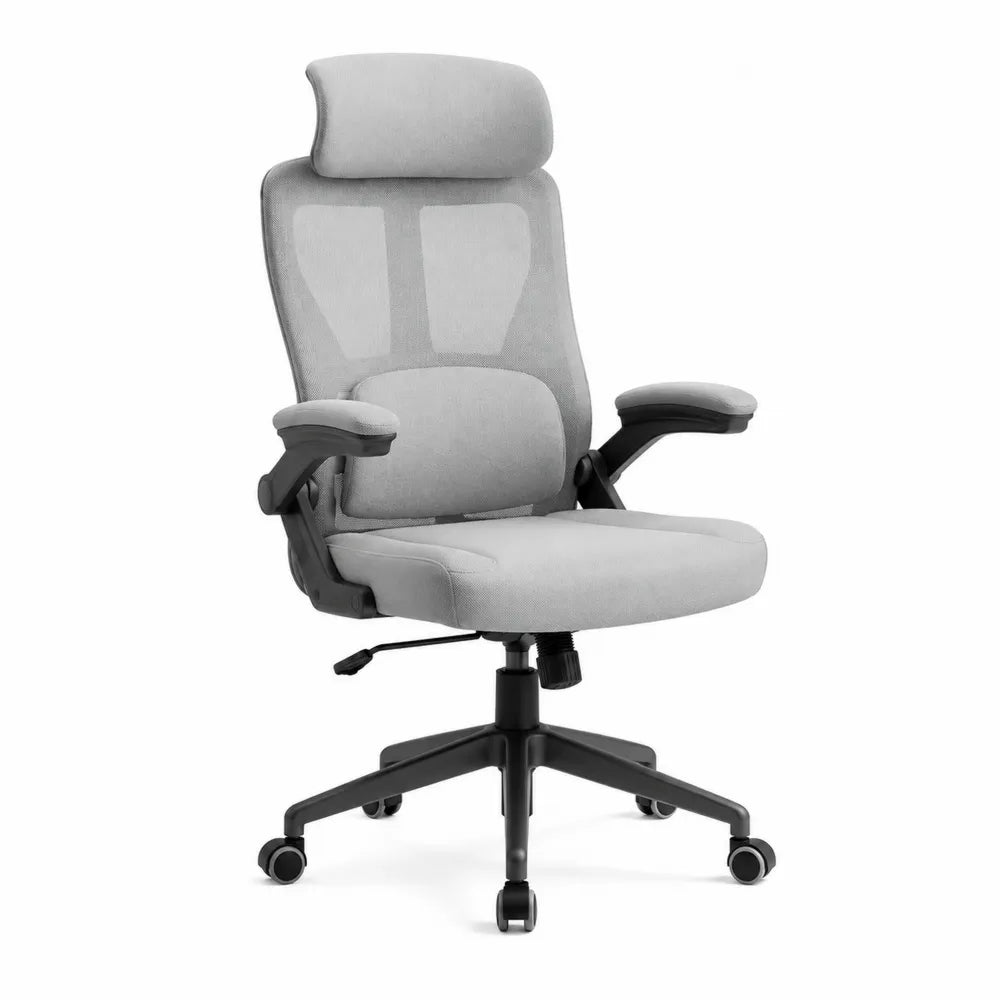 Bürostuhl ergonomisch Drehstuhl Netzrücken Kopfstütze Armlehnen Höhenverstellbar Grau Schwarz 65 cm 65 cm 125 cm