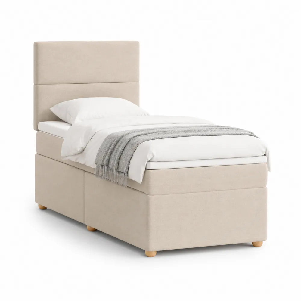 Polsterbett 90 x 200 cm Bettgestell mit Kopfteil rechteckig Polyesterbezug Beige Holzwerkstoff Buche Füße