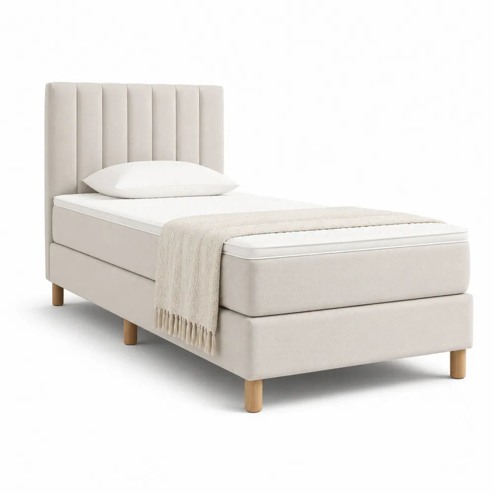 Polsterbett rechteckig 90 cm x 200 cm Stoffbezug Beige Holzfüße vertikal gesteppte Kopfteil