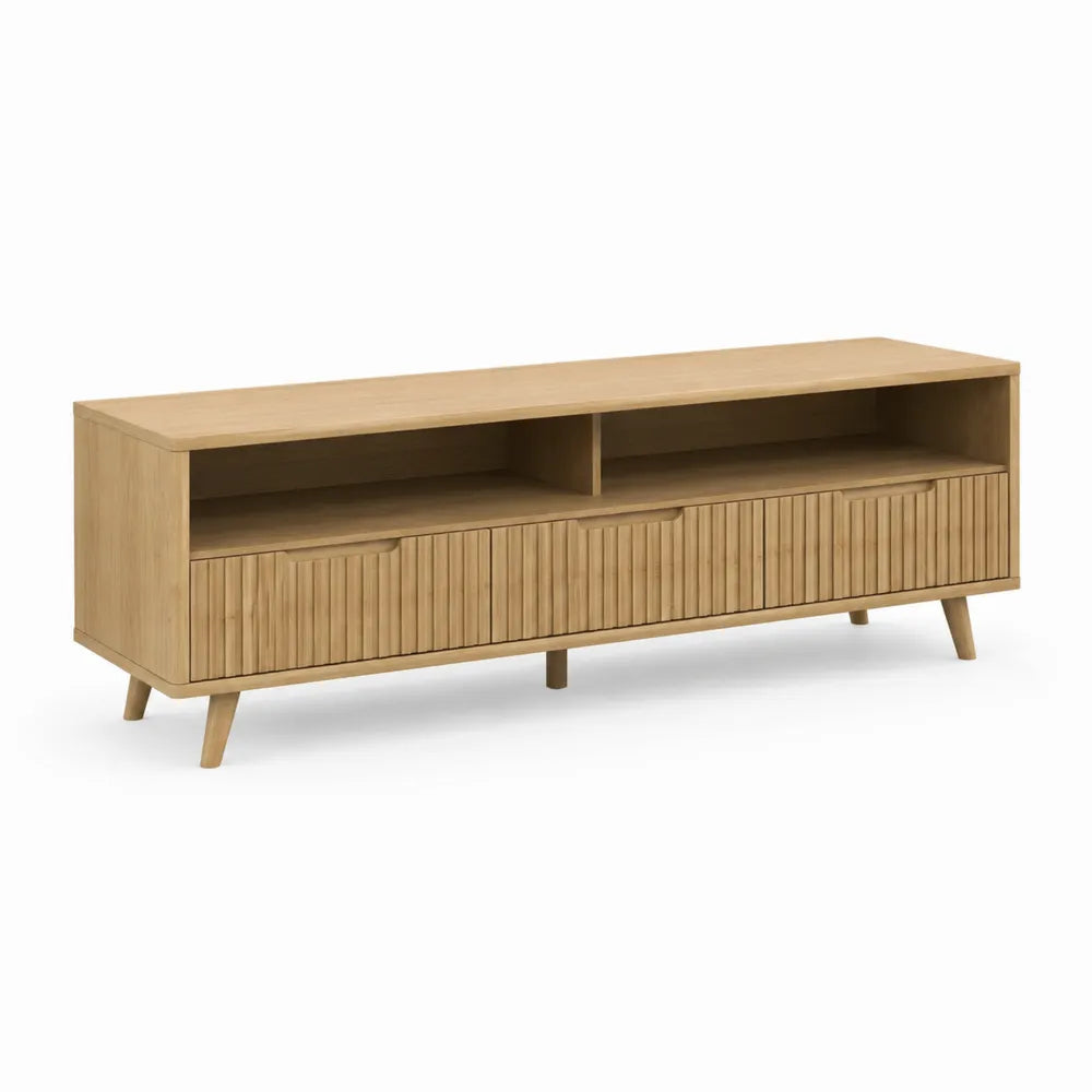 TV Lowboard 160 x 40 x 50 cm mit 3 Schubladen und 2 offenen Fächern Naturholz Holzdekor Rillenfront rechteckig