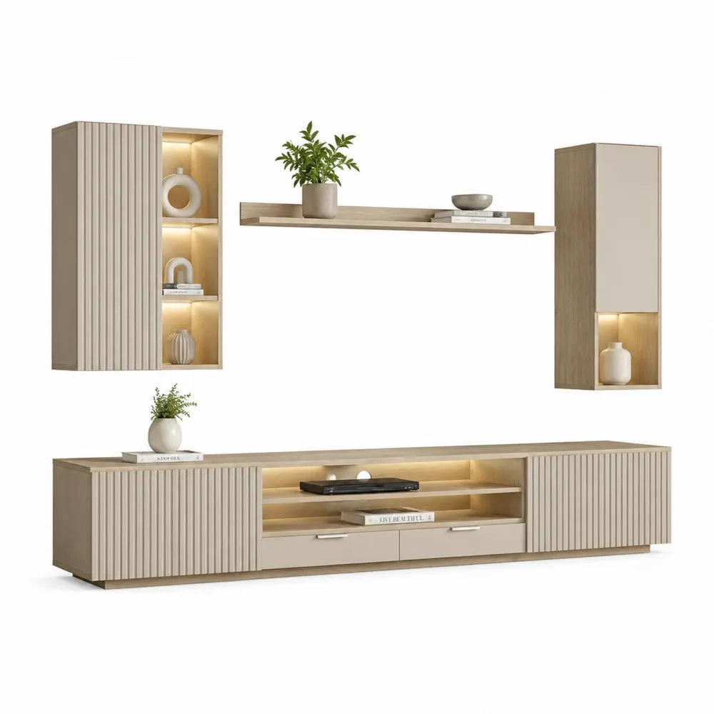 TV-Wohnwand Set 4-teilig 240 cm x 40 cm x 35 cm MDF Holzwerkstoff Eiche Beige Weiß LED Wandregal Hängeschränke Lowboard