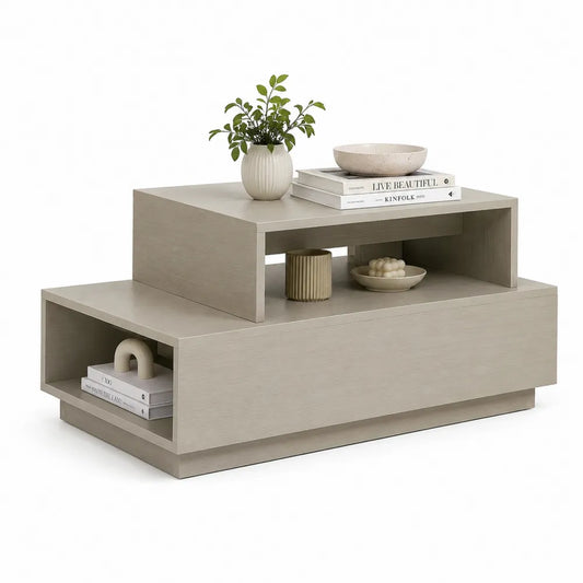 Rechteckiger Couchtisch 100 cm x 60 cm x 45 cm MDF Beige Holzoptik mit Ablagefächern und erhöhtem Aufsatz