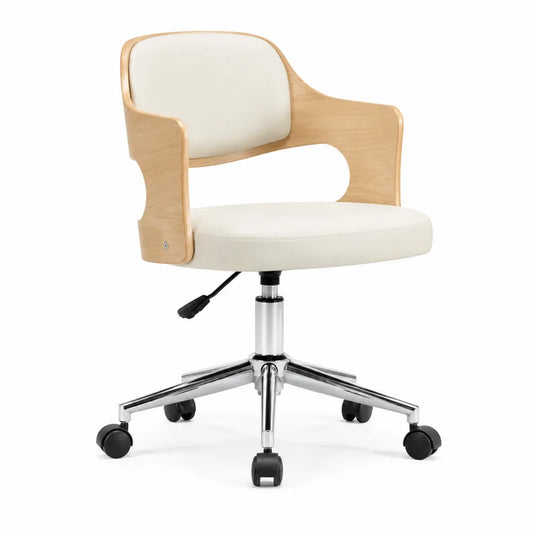 Bürostuhl Drehstuhl mit Rollen PU Kunstleder Holzarmlehnen Chrom Gestell Beige 58 x 58 x 80–90 cm