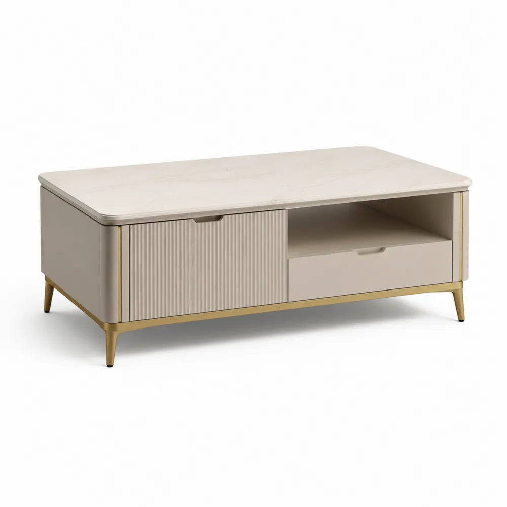 Couchtisch Wohnzimmertisch rechteckig 120 x 60 x 42 cm MDF Melaminharzoberfläche Cremebeige Marmoroptik mit Schublade und Ablagefach Goldfarben Metallgestell