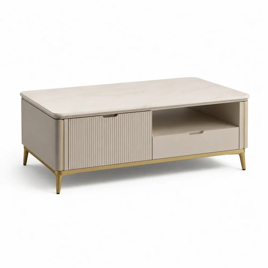 Couchtisch Wohnzimmertisch rechteckig 120 x 60 x 42 cm MDF Melaminharzoberfläche Cremebeige Marmoroptik mit Schublade und Ablagefach Goldfarben Metallgestell