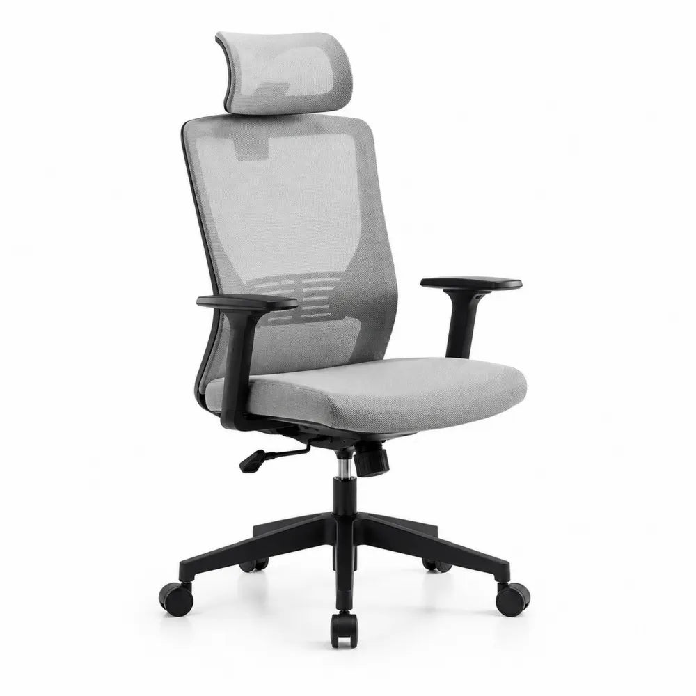 Bürostuhl ergonomisch Netzrücken Kopfstütze Armlehnen Drehstuhl Höhenverstellbar Rollen Grau Schwarz 65 cm x 65 cm x 115-125 cm