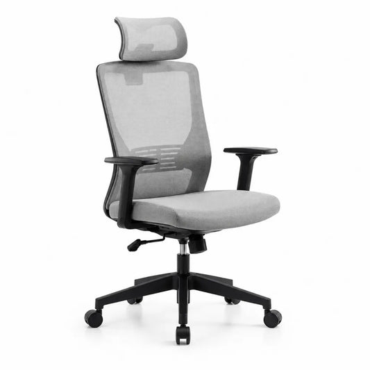Bürostuhl ergonomisch Netzrücken Kopfstütze Armlehnen Drehstuhl Höhenverstellbar Rollen Grau Schwarz 65 cm x 65 cm x 115-125 cm