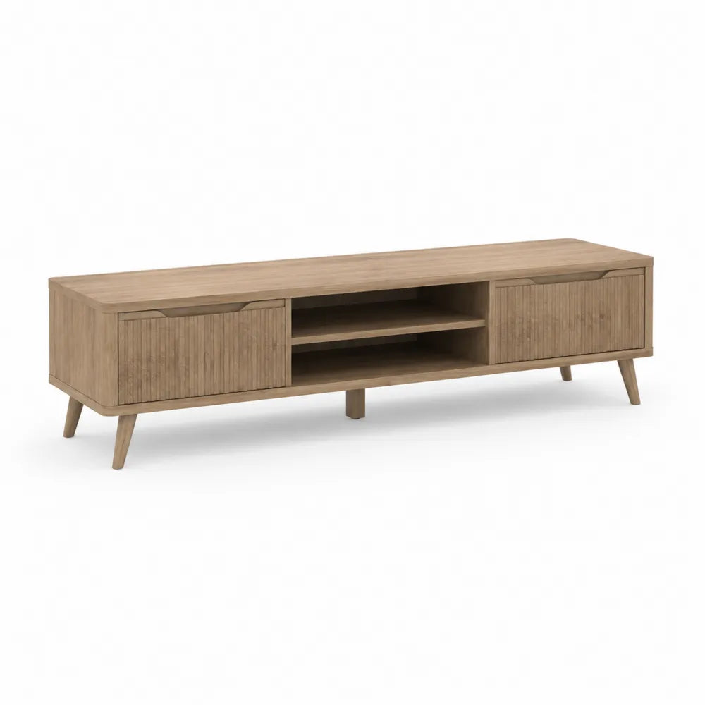 TV Lowboard 180 x 40 x 50 cm rechteckig Eiche Natur 2 Türen offenes Fach MDF Eichenfurnier Gummibaumholz Beine