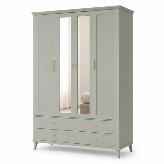 Kleiderschrank 160 x 55 x 200 cm 4 Türen 4 Schubladen rechteckig Grau Grün MDF Holzwerkstoff lackiert Spiegelglas goldfarbene Metallgriffe Holzfüße