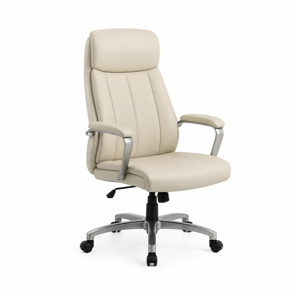 Bürostuhl ergonomisch Drehstuhl mit Kopfstütze PU Kunstleder Beige Metallgestell Silber 65 cm 70 cm 115 cm
