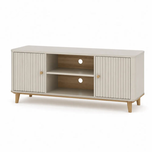 TV Lowboard 150 x 40 x 50 cm mit 2 Türen und 2 offenen Fächern Beige Holzdekor Rillenfront Holzbeine rechteckig