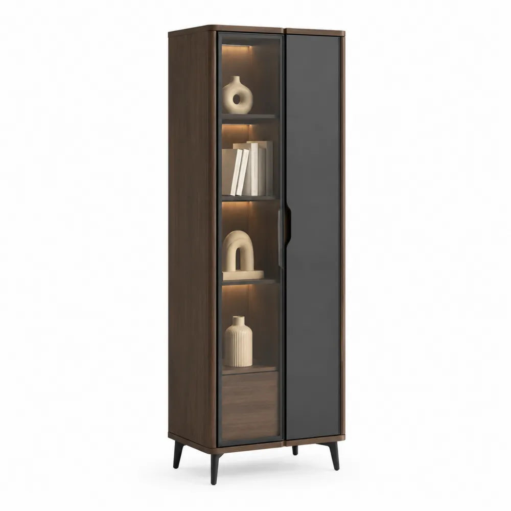 Vitrine LED 60 x 35 x 180 cm Holzwerkstoff Glas Braun Schwarz mit rechter Tür und Metallfüßen