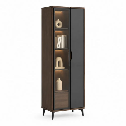 Vitrine LED 60 x 35 x 180 cm Holzwerkstoff Glas Braun Schwarz mit rechter Tür und Metallfüßen
