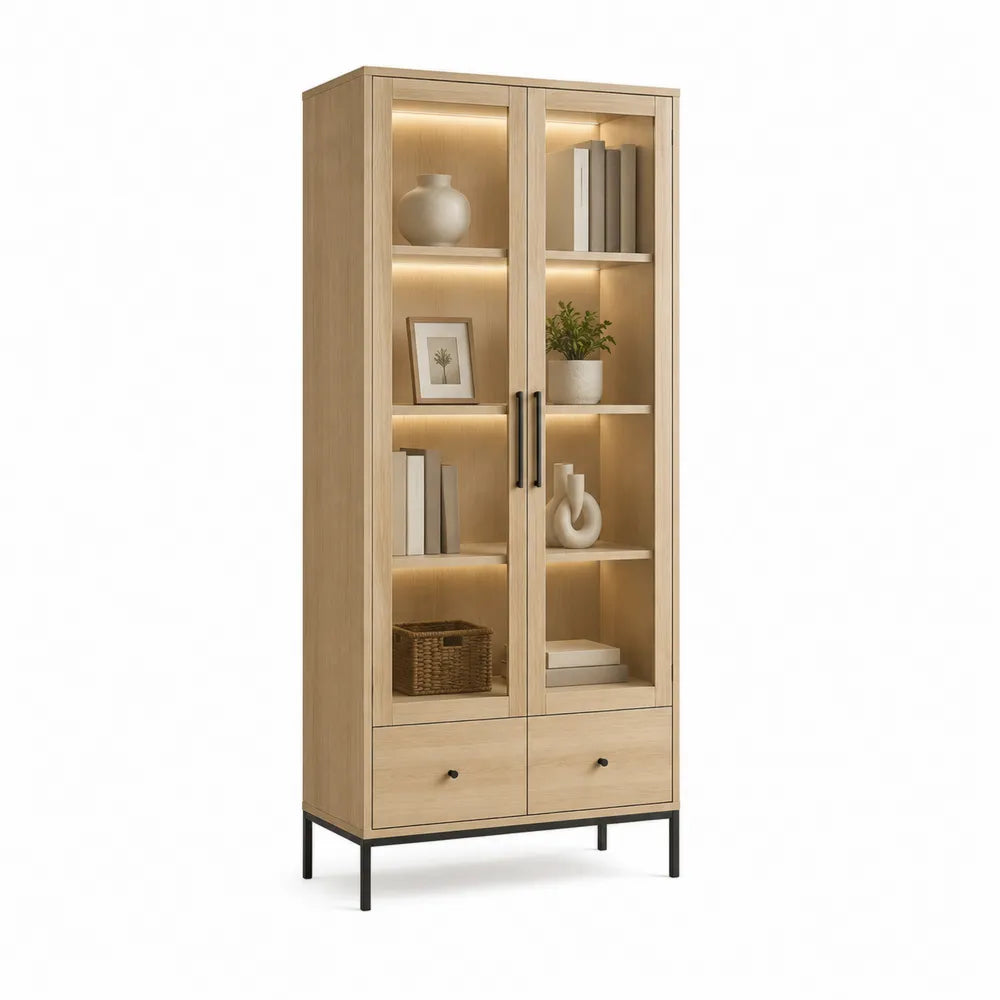 Vitrine 80 x 35 x 180 cm 2 Türen LED Beleuchtung Glas Naturholz Schwarz Metallrahmen mit 2 Schubladen