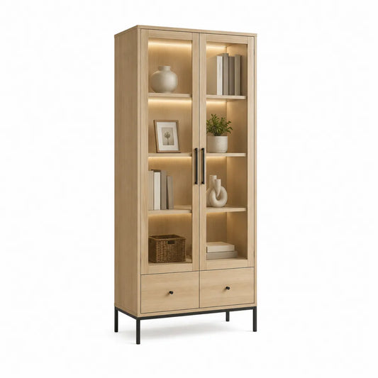 Vitrine 80 x 35 x 180 cm 2 Türen LED Beleuchtung Glas Naturholz Schwarz Metallrahmen mit 2 Schubladen