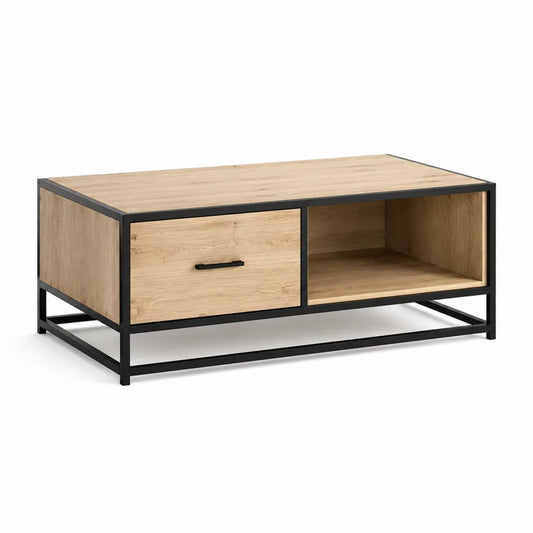 Couchtisch Wohnzimmertisch rechteckig 100 x 60 x 35 cm MDF Holzdekor Eiche Natur Schwarz Metallgestell mit Schublade und offenem Fach
