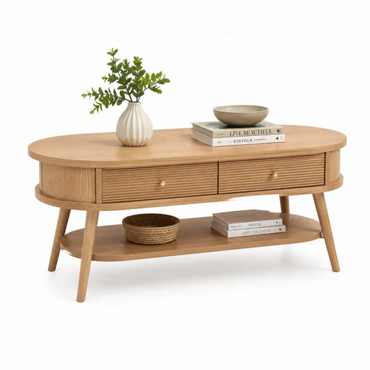 Couchtisch Wohnzimmertisch oval 110 cm MDF Holzdekor Eiche Natur mit 2 Schubladen und Ablagefach
