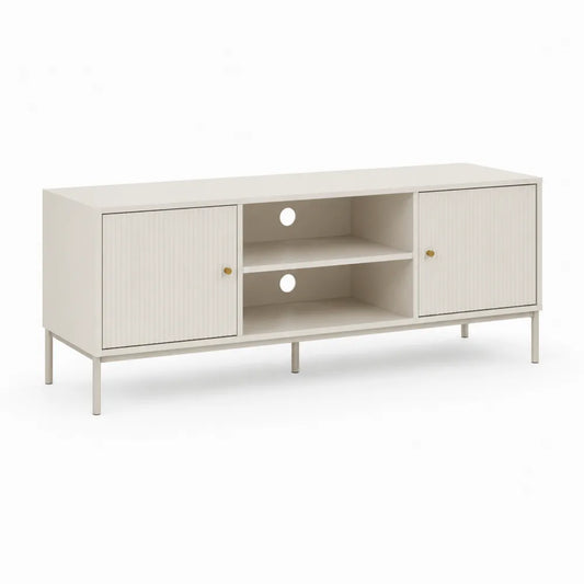 TV Lowboard 160 x 40 x 50 cm Cremeweiß Holzwerkstoff mit Lamellentüren offenen Fächern und Metallfüßen
