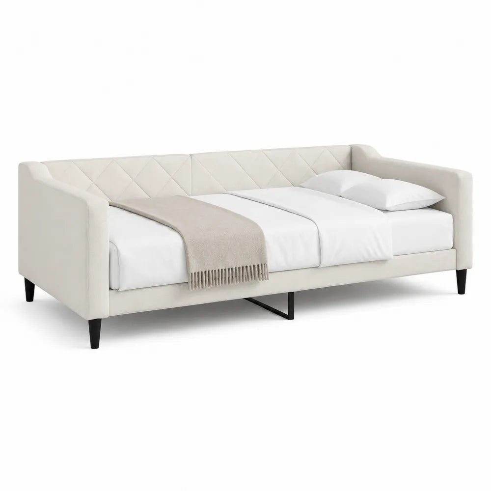 Polster- und Tagesbett rechteckig 90 cm x 200 cm Stoffbezug Beige mit Armlehnen und Rückenlehne Holzrahmen schwarze Füße